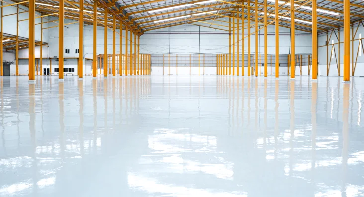 Industrial warehouse floor finished with Maxtrak epoxy floor coating