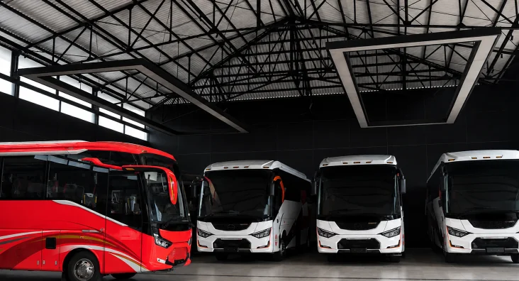 Finished coaches at the Laksana bus manufacturing facility