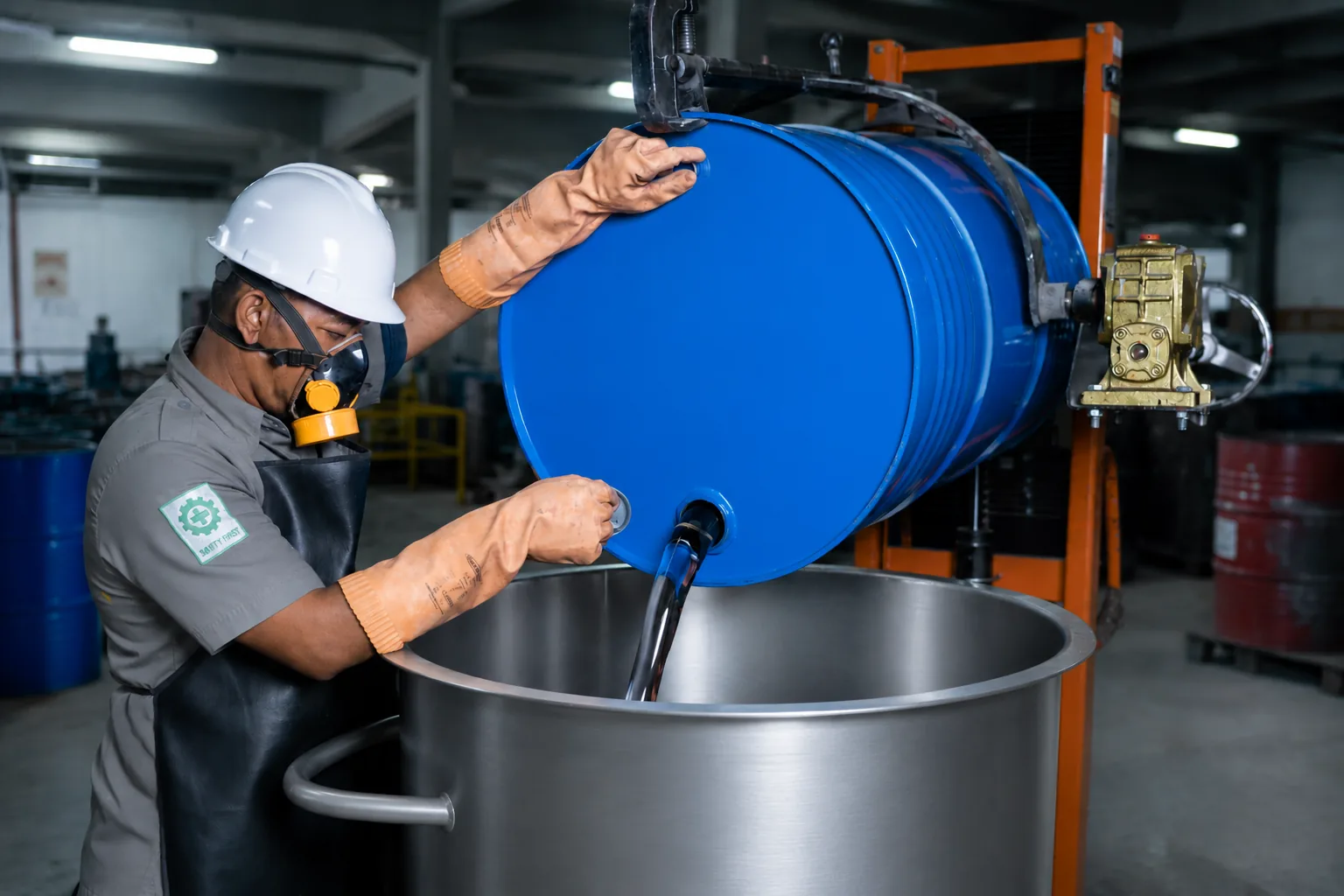 VK production operator transferring raw material into a stainless-steel mixing tank